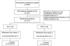 Flow chart. CPE: cardiopulmonary edema; ICU: intensive care unit; NIV: non-invasive mechanical ventilation; CPAP: continuous positive airway pressure