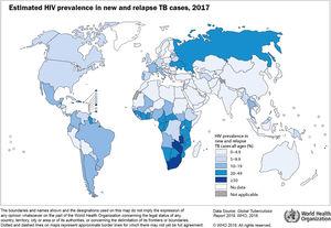 Estimated HIV prevalence in new and relapse TB cases, 2017. Source: Global tuberculosis report 2018, WHO (1).