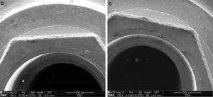 SEM image of the top of the implant connections to a titanium abutment (a) and a zirconia abutment (b), after TCML, with 130× and 500× magnification.