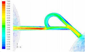 The reverse flow velocity filed at symmetric plane for T45C with Re=519 based on hydraulic diameter of the channel