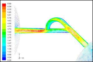 The reverse flow velocity filed at symmetric plane for T45A with Re=528 based on hydraulic diameter of the channel