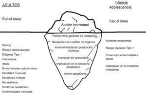 Iceberg de las implicaciones fisiopatológicas y consecuencias clínicas de la vitamina D, conocidas y en investigación.