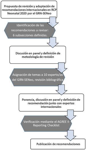 Diagrama de flujo de la metodología usada en la revisión y adaptación de las recomendaciones internacionales en RCP neonatal por el GRN-SENeo5.