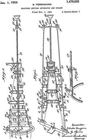 Fracture setting apparatus and splint. Drawing, 1924. Source: Historical Archives of the United States Patent Office, Patent No. 1,479,535.