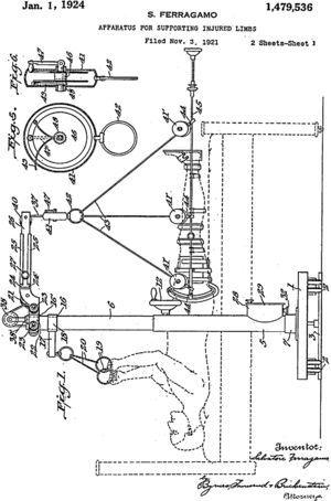 Apparatus for supporting injured limbs. Drawing, 1924. Source: Historical Archives of the United States Patent Office, Patent No. 1,479,536.