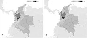 Distribución geográfica de la prevalencia de osteoporosis para el periodo 2012 a 2018, ajustando por sexo y grupo etario de la población colombiana. La prevalencia es calculada con la población media del periodo como denominador por 100.000 habitantes. A) Hombres. B) Mujeres.
