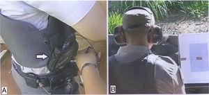 (A) Photograph showing audiodosimeter attached to police officer's vest (arrow); and (B) use of clamshell ear protector during training session in the shooting range.