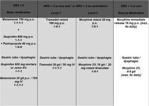 Applied oral pain concept. NRS, Numeric Rating Scale (0 = “no pain”–10 = “worst pain imaginable”); p.o., per os; IV, Intravenous; gtt, guttate.