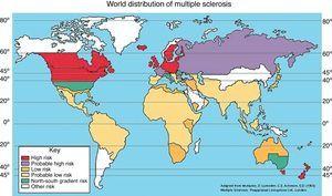 Distribución geográfica de la esclerosis múltiple según prevalencia de la enfermedad. Obtenida de: The Multiple Sclerosis Resource Centre. Adaptada de: McAlpine et al.11.