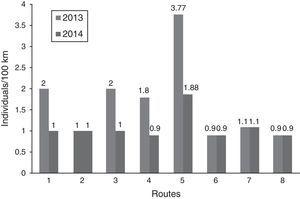 Number of Golden Eagles registered in 100km for terrestrial transects during breeding season (January–March 2013–2014) and non-breeding season (December 2013–2014) in Baja California, Mexico.