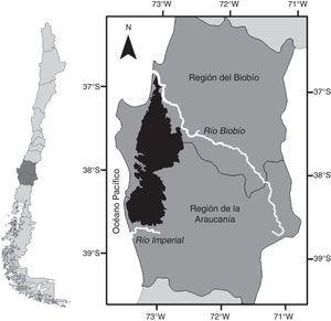 Localización de la cordillera de Nahuelbuta entre el río Biobío y el río Imperial en las regiones administrativas del Biobío y La Araucanía, Chile.