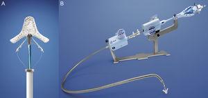 A: MitraClip device. B: release catheter.