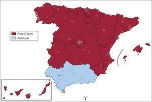 Map showing the 112 clusters (health centers or equivalent) selected in the Di@bet.es study.