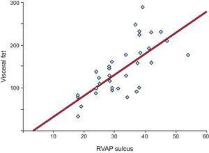 A positive correlation (r = 0.680; P < .0001) was observed between the quantity of abdominal adipose tissue and the area of epicardial fat measured in the sulcus between the right ventricular wall and the apical region. RVAP, Right ventricle-apical portion.