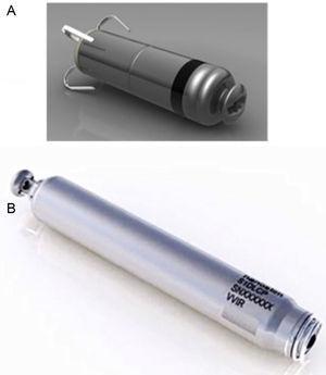 Photograph of the 2 currently available leadless pacemaker models. A, Micra®; B, Nanostim®.