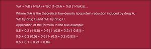 Formula to calculate the percentage of low-density lipoprotein lowering efficacy of drug combinations.