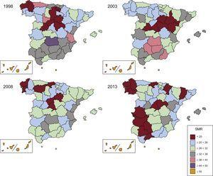 Standardized mortality rate for diabetes mellitus in Spain and its distribution by province. Period 1998-2013. Men. SMR, standardized mortality rate.