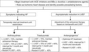 Treatment and monitoring of patients receiving cardiotoxic agents and with a LVEF < 53%.9,14,16,29,49,50 ACE, angiotensin-converting enzyme; BBs, beta-blockers; HF, heart failure; HT, hypertension; LVEF, left ventricular ejection fraction. *See Table 4 of the supplementary material.