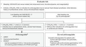 Indication algorithm for anticoagulation in patients with cancer-related atrial fibrillation.9,58–60 5-FU, 5-fluorouracil; CHA2DS2-VASc, congestive heart failure, hypertension, age ≥ 75 years (dual), diabetes mellitus, stroke (dual), vascular disease, age 65-74 years, and sex (female); CrCl, creatinine clearance; CYP, cytochrome P450; DOACs, direct oral anticoagulants; EPO, erythropoietin; HAS-BLED, hypertension, abnormal renal and liver function, stroke, history of or predisposition to bleeding, labile international normalized ratio, age > 65 years, and concomitant use of drugs or alcohol; LMWH, low-molecular-weight heparin; P-gp, P-glycoprotein. aFor patients with elevated bleeding risk and indication for anticoagulation not based on CHA2DS2-VASc score, the anticoagulation decision should be individualized. bAnticoagulant selection depends on clinical status, comorbidities, and possible interactions with the patient's anticancer therapy. cCurrently, there is no scientific evidence on its use in patients under active anticancer therapy.