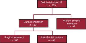 Flow diagram of the study population. IE, infective endocarditis; SINUS-LSIE, surgery-indicated not undergoing surgery patients with left-sided infective endocarditis.