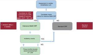 Flowchart of an intensive cardiac rehabilitation program. CRP, cardiac rehabilitation program; LVEF, left ventricular ejection fraction; MxM, MxM cardiac rehabilitation program. * See inclusion criteria in the text.