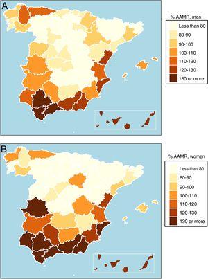 Territorial differences in death due to ischemic heart disease in 1998. A: mortality rate in men (percentage) vs the national rate (75.5 deaths/100 000 population). B: mortality rate in women (percentage) vs the national rate (21.2 deaths/100 000 population). AAMR, age-adjusted mortality rate.