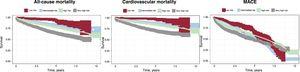 Kaplan-Meier survival curves for all-cause mortality, cardiovascular mortality, and MACE in patients according to the 2015 European NSTEACS guidelines’ risk stratification. MACE, major adverse cardiac events; NSTEACS, non—ST-elevation acute cardiac syndrome.