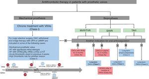 Anticoagulation in patients with surgical and transcatheter prosthetic valves. DOACs, direct oral anticoagulants; LMWH, low-molecular-weight heparin; MVR, mitral valve replacement or repair; OACs, oral anticoagulants; SAVR, surgical aortic valve replacement; TAVI, transcatheter aortic valve implantation; TVR, tricuspid valve replacement or repair; UFH, unfractionated heparin; VKA, vitamin K antagonist.