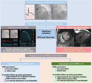 Central illustration. Functional coronary angiography-derived IMR and CMR for microvascular dysfunction after successful PCI in acute STEMI. CMR, cardiac magnetic resonance; IMR, index of microcirculatory resistance; LV, left ventricle; MVO, microvascular obstruction; PCI, percutaneous coronary intervention; STEMI, ST-segment elevation myocardial infarction.
