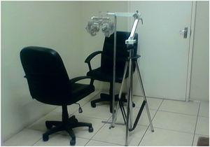 A phoropter head attached to a specially designed tripod stand. The set up is ideal for vision screening outreach.