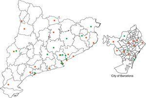 Geographic location of haemodialysis (HD), peritoneal dialysis (PD) and renal transplantation (RT) centres in Catalonia.