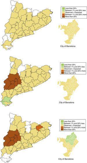 Map of standardised ratios for the incidence of renal replacement therapy with peritoneal dialysis (from top to bottom) in people under age of 45, between 45 and 65 years and over 65 years (2002–2012). Blank areas indicate that there are no patients treated.