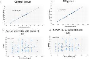 Correlation of sclerostin with FGF23 in control group (1), and in AKI group (2). Correlation between Homa IR with sclerostin (3) and FGF23 (4).