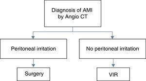 The diagnostic–therapeutic algorithm used in our hospital. Once we have the diagnosis of AMI by CT-angiography, and depending on the clinical condition of the patient, the best therapeutic option is selected. AMI: acute mesenteric ischemia; VIR: vascular interventionist radiology.