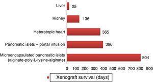 Longer survival rates of porcine xenografts in nonhuman primates. Microencapsulated pancreatic islets of unmodified pigs survived 804 days with re-transplantation and 250 days without a new transplantation.72 Pancreatic islets from hCD46 pigs survived 396 days in baboons.61 Heterotopic hearts of GTKO/hCD46/hTBM pigs obtained survivals of more than one year.23 Kidneys from GTKO/CD46/CD55/TBM/EPCR/CD39 pigs achieved survivals of 136 days with stable creatinine.63 One orthotopic xenograft from a GTKO porcine liver reached a survival of 25 days in a baboon with continuous post-transplantation administration of exogenous coagulation factors.66