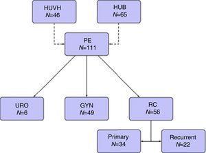 Flussdiagramm. HUVH: Universitätsklinikum Vall d'Hebron, HUB: Universitätsklinikum Bellvitge, PE: Beckenexenteration, URO: urologische Tumoren, GYN: gynäkologische Tumoren, RC: Rektumkarzinom.