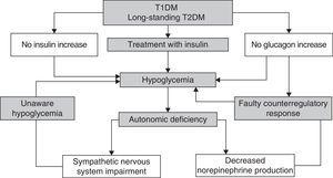 Pathophysiology of unaware hypoglycemia. T1DM: type 1 diabetes mellitus; T2DM: type 2 diabetes mellitus.