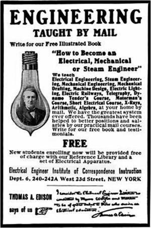 Advertisement from the Electrical Engineer Institute of Correspondence Instruction for its correspondence engineering courses, with a footnote by Thomas A Edison published in the December 1905 issue of the journal Popular Mechanics.