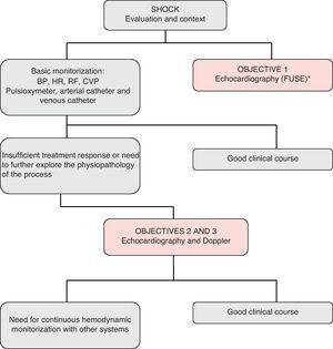 Evaluation and monitorization algorithm based on echocardiography among patients in shock. FUSE: focused ultrasound exam.