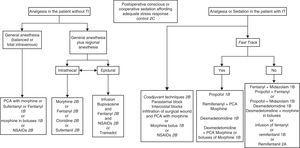 Algorithm for analgesia and sedation in patients in the postoperative period of cardiovascular surgery. NSAIDs: nonsteroidal antiinflammatory drugs; TI: tracheal intubation; PCA: patient-controlled analgesia.