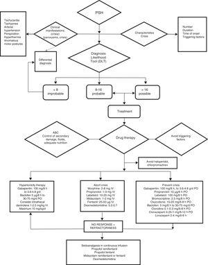 Management algorithm for paroxysmal sympathetic hyperactivity. ABC of resuscitation: permeable airway, oxygenation and adequate ventilation, stable hemodynamic conditions. Comment: haloperidol and chlorpromazine are to be avoided, due to their antidopaminergic effects that exacerbate or worsen PSH. d: day; mg: milligrams; μg: micrograms; g: grams; IV: intravenous; PO: oral route.