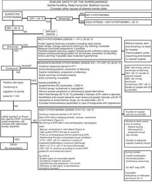 Decision algorithm for the pre-hospital management of accidental hypothermia.11,18,19 (a) HT II (drowsiness)/HT III (unconsciousness). (b) Decapitation, full sectioning of the trunk, decomposition or totally frozen body (HT V). ECMO: extracorporeal membrane oxygenation; HT: hypothermia; CA: cardiac arrest; CPR: cardiopulmonary resuscitation; ICU: Intensive Care Unit.