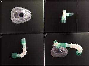 A) Anaesthetic mask. B) Connection piece with tubing with opening valve through which the nasofibrolaryngoscope is introduced. C) Tubing to direct air from the patient in the opposite direction to the examiner. D) Connected parts.