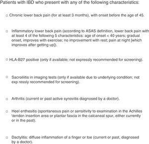 SpA screening criteria for patients with IBD. Initial version.