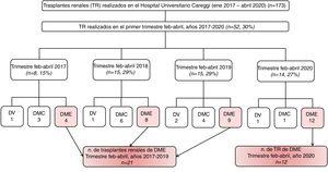 Flowchart showing the number of kidney transplantations (KT) performed at Careggi University Hospital in the period Jan 2017–Apr 2020 (n=173) and of KTs from donors after brain death (DBD) in the Trimester Feb-Apr of the year 2020 (n=12, COVID period) vs. the years 2017–2019 (n=21, no-COVID period), representing the analytic cohort. LD=living donor; DBD=donors after brain death; DCD=donors after circulatory death; KT=kidney transplantation.