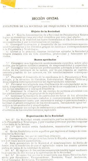 First page of the statutes of the pioneer Society of Neurology and Psychiatry of Barcelona, published in 1911 in the “Catalan Medical Gazette” (p. 118–9).16