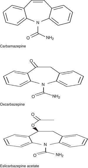 Kemisk struktur af carbamazepin, oxcarbazepin og eslicarbazepinacetat.