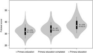 Violin plots showing the distribution of Fototest scores by level of schooling. The white dots represent median scores; the ends of the black boxes represent the 25th and 75th percentiles; and the length of the line is 1.5 times the interquartile range; the violin shape represents the density distribution of the data, extending to the highest and lowest values. The values inside the violin indicate the number of individuals (N) and the mean (standard deviation).