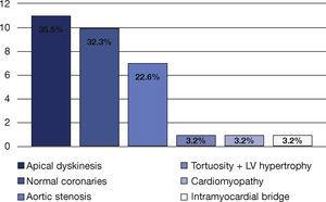 Characteristic findings of 31 patients with type 2 acute myocardial infarction and normal coronary arteries. LV: left ventricle.
