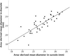 Correlation between systolic and diastolic dimensions of the mean diameter derived from the area of the aortic valve annulus.